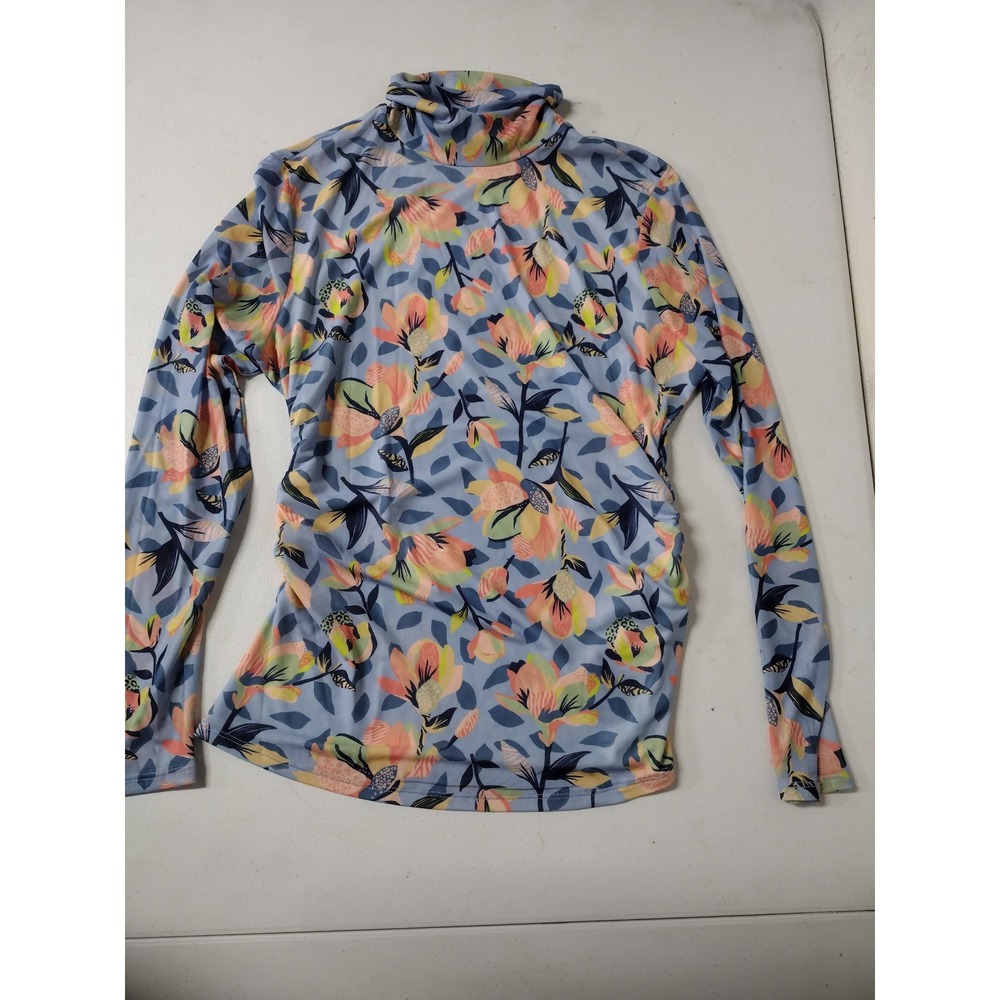 HFR x Undra Celeste New York Floral Mesh Turtleneck Ruched Top Blue Peach M